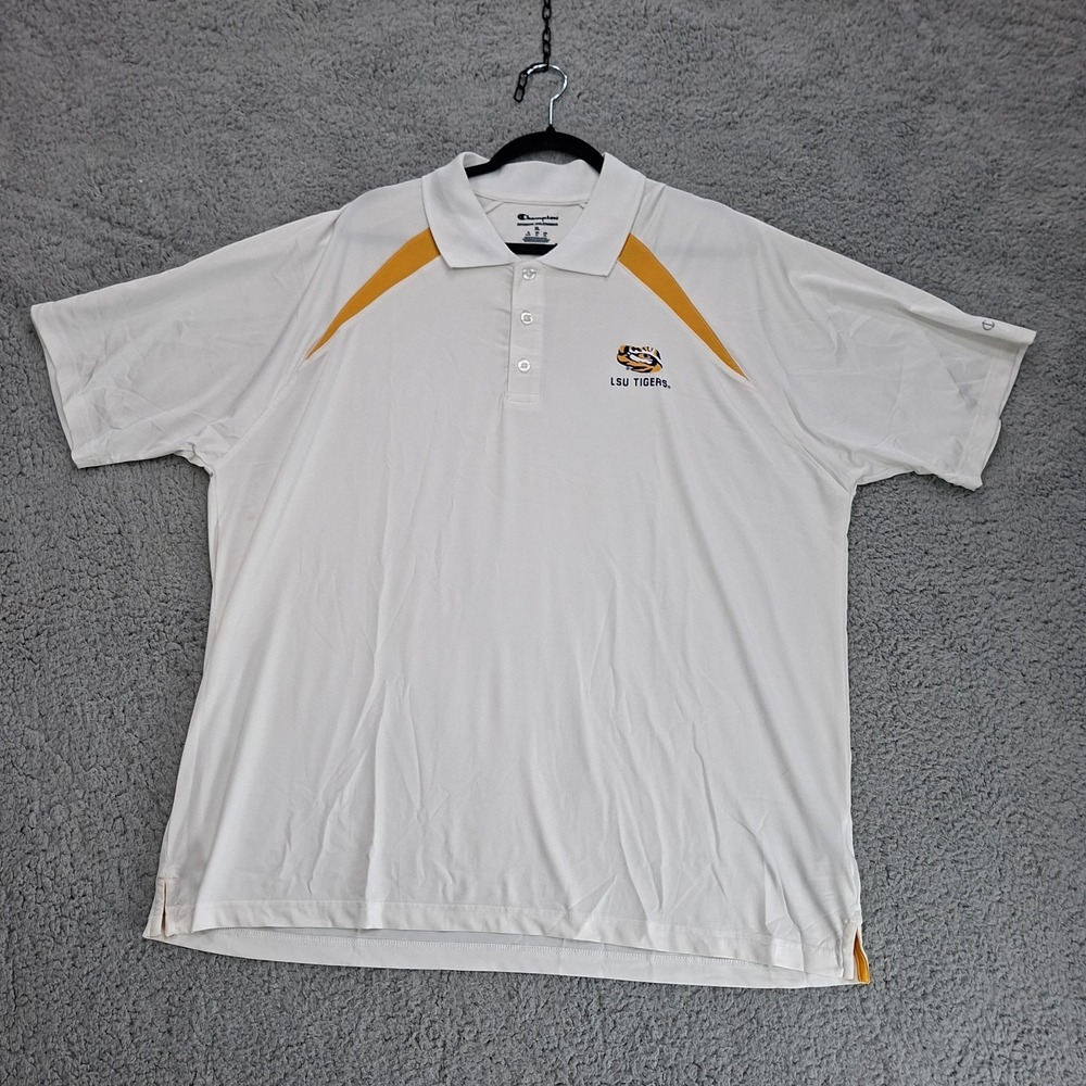 Champion Dri Fit LSU Polo Shirt Men XL White‎ Louisiana State Tigers Eye Logo